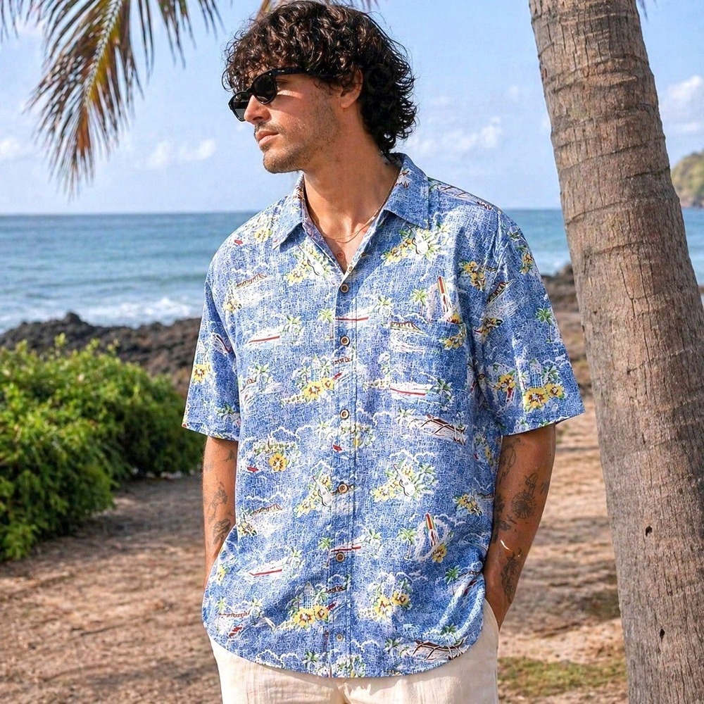 Coastal Huntington‎ Beach Hawaiian Shirt Mens Large Blue Tropical Aloha Tower L